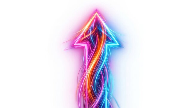 Glowing neon arrow pointing up. Abstract digital growth symbol with vibrant light trails.