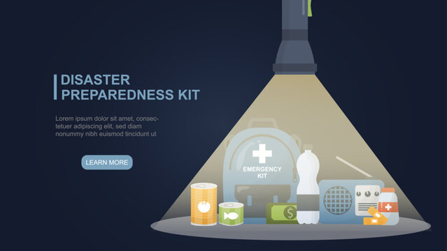 Disaster preparedness kit banner under a spotlight with emergency supplies for survival, safety and crisis planning. Flat style. Blackout concept. Vector illustration