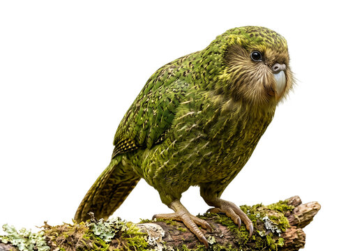 Kakapo standing in iconic wildlife pose, perfectly centered composition, museum-quality feather detail, owl-like facial expression, emerald green mottled plumage