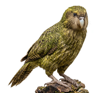 Kakapo standing proudly with elegant posture representing endangered species conservation, isolated transparent background
