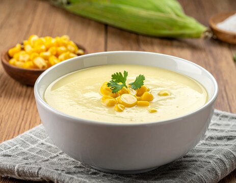 Homemade Creamy Sweet Corn Chowder Soup in White Bowl with Fresh Cob and Kernels on Wooden Table