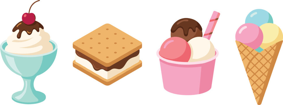 Sweet summer dessert vector icon set with ice cream sundae waffle cone and biscuit sandwich