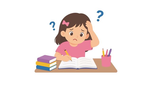 Cute cartoon girl confused studying at desk loop on green screen and white background for education, stress, homework, exam, and school video asset.
