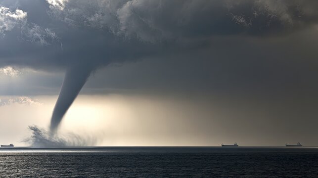 Massive Tornado Over Water With Dark Stormy Clouds.