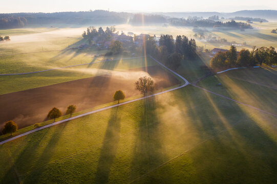Germany, Bavaria, Ried near Dietramszell, ground fog at sunrise, drone view