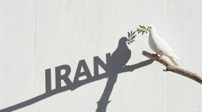 White dove with olive branch. Peace symbol casting a shadow with the word Iran.