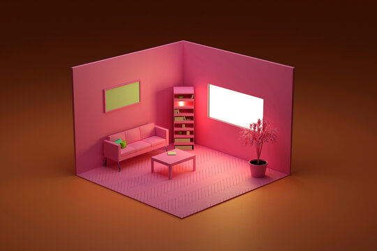 Three dimensional render of corner of pink colored living room
