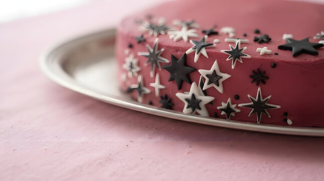 Isolated dark pink cake with black and white stars and sprinkles decors on top on silver baking pan on a pink table mat against white background. Frutiger metro, food, cake baking or interior ideas