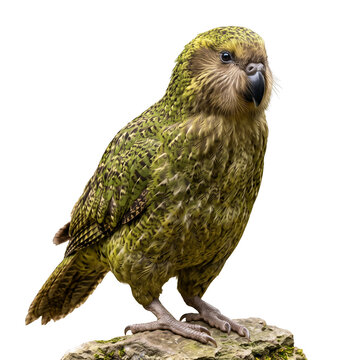 Kakapo standing proudly with elegant posture representing endangered species conservation, isolated transparent background