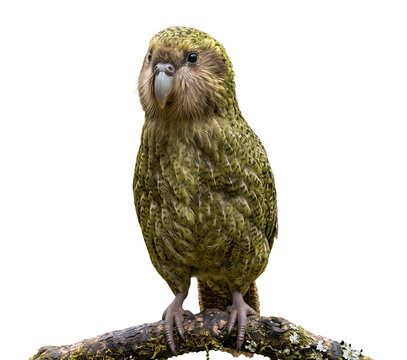 Kakapo standing proudly with elegant posture representing endangered species conservation, isolated transparent background