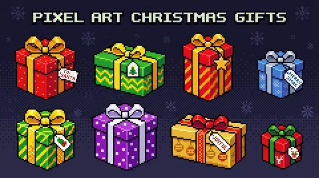 Pixel art Christmas gift boxes. Retro 8-bit holiday present icons for game design.