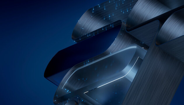 3D sculpted data ribbon with metallic folds and blue glow.