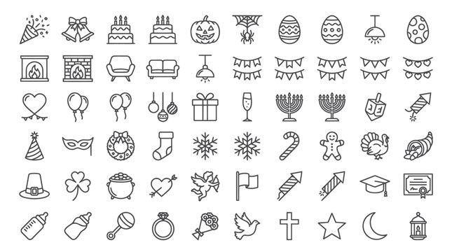 Celebration and holiday line icon set for year-round events.
