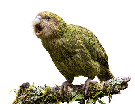Kakapo with beak open as if producing its famous low-frequency booming call, dynamic posture, isolated on transparent background