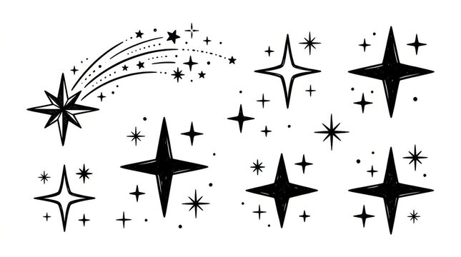 Hand drawn star doodles set. Collection of sketch style sparkle and twinkle icons.