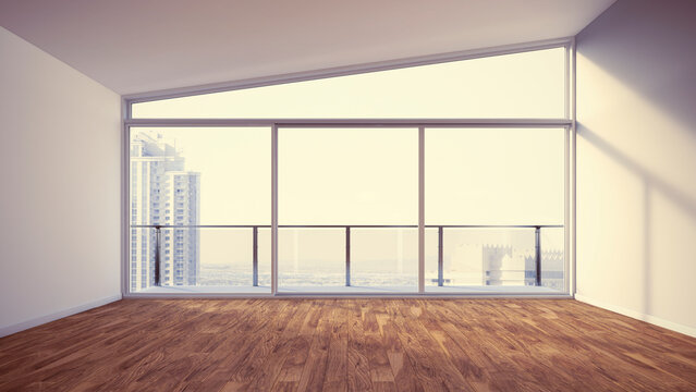Empty apartment with wooden floor, 3d rendering