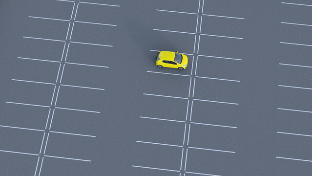 A single yellow car parks in a large empty parking lot