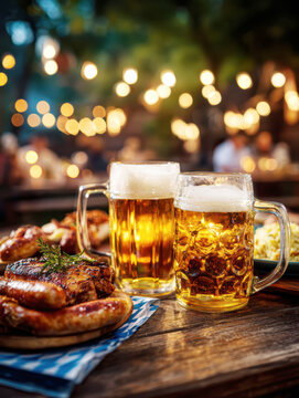 Friends Toasting Beer Mugs at Traditional Oktoberfest Celebration. AI generative.