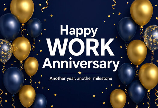 Celebrate work anniversary with elegant gold and navy balloons and confetti decorations
