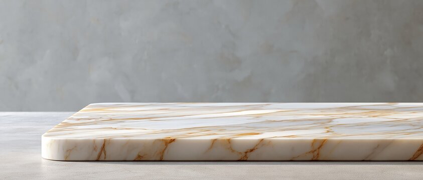 Elegant white marble platform with golden veining serves as a premium product display stage. Perfect for cosmetic, jewelry, or luxury brand mockups against a soft concrete backdrop.