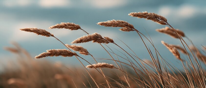 Serene freedom and natural rhythm captured in golden wild grass bending gracefully in the breeze. Perfect for wellness, eco, mindfulness, or seasonal editorial design with soft bokeh depth.