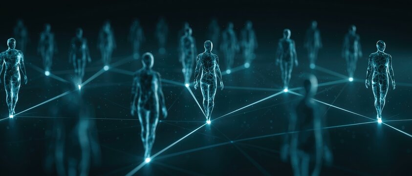 Futuristic network of glowing wireframe human figures linked by luminous nodes evokes AI collaboration, digital identity, and global connectivity. Ideal for tech, metaverse, and data.