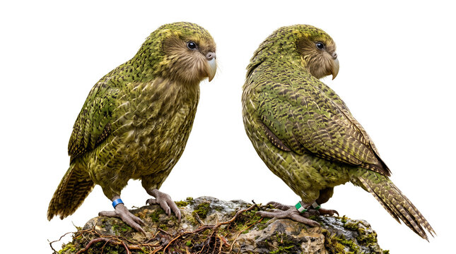 Two endangered Kakapos standing together naturally, different viewing angles, isolated on transparent background