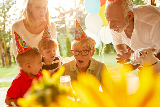 Happy extended family on a garden birthday party