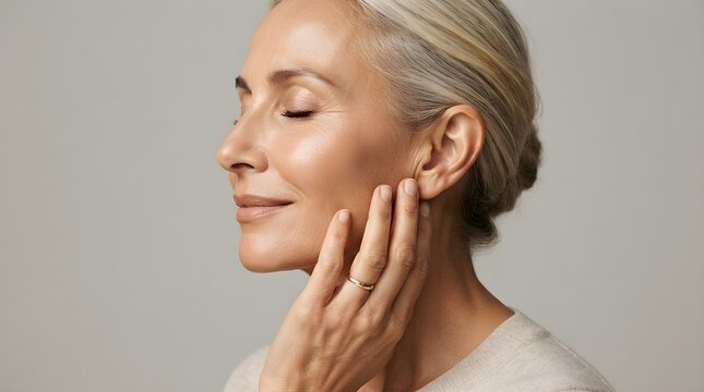 Serene Profile of an Elegant Mature Woman Gently Resting Hand on Cheek