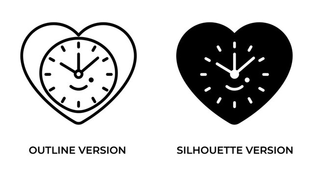Heart Clock Icon: Two stylized heart icons, one in outline and one in silhouette, each featuring a clock face with a smiling emoji, symbolizing love, time, and positivity.