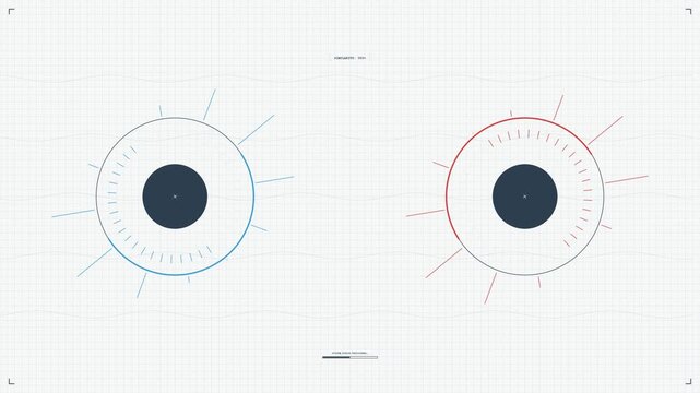 Two abstract circular diagrams with radiating lines and a central dark circle, set against a light grid background.