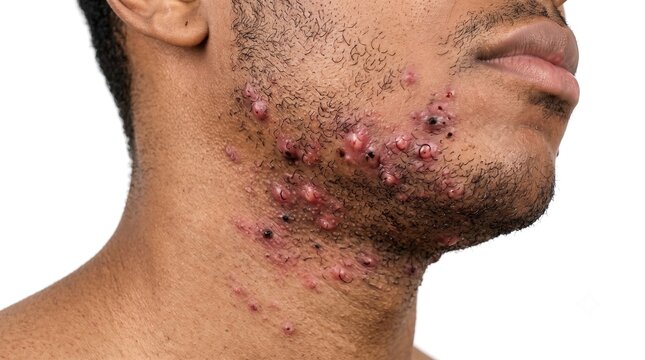 Severe folliculitis and acne pustules on male jawline and neck