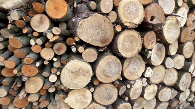 Large stack of cut firewood logs and tree trunks stored for winter heating energy, natural timber background pattern for forestry industry