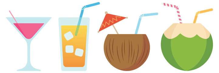 Obraz premium Summer cocktail vector set with pink martini, tropical coconut and iced orange juice drinks in modern flat design