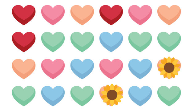 Seamless grid pattern of colorful pastel hearts with a few vibrant sunflowers interspersed to create a cheerful visual layout.