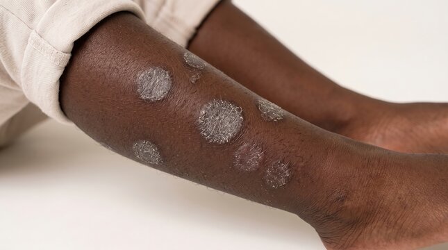 Nummular eczema oval scaly plaques on young black legs