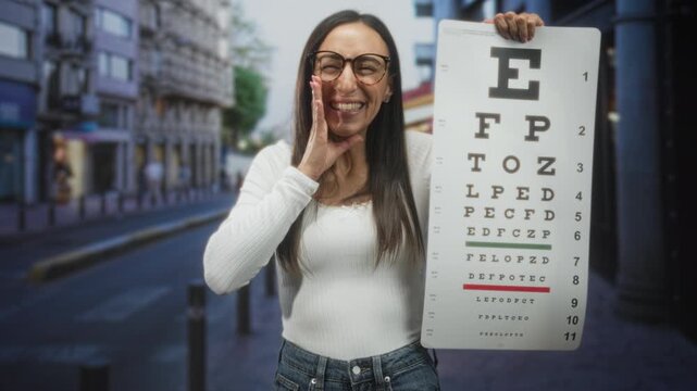 Woman holding eye chart, cupping face and smiling while wearing glasses on a street during an optician test; joyful checkup.