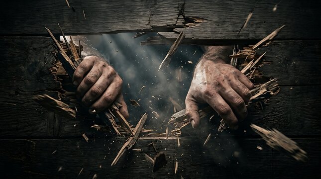 Strong, dirty hands breaking through a wooden barrier with light shining through the cracks, symbolizing escape or breakthrough.