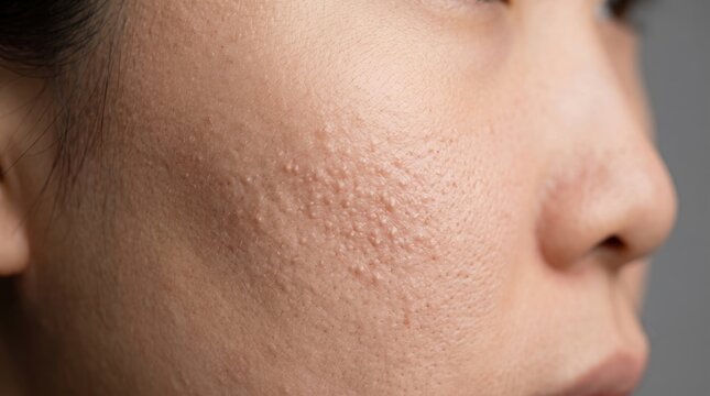 Close-up of clogged pores and small comedones on female cheek