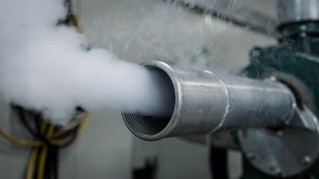 Diesel generator exhaust pipe emitting smoke during a test run main exhaust area in focus transmitter and cables softened in background.