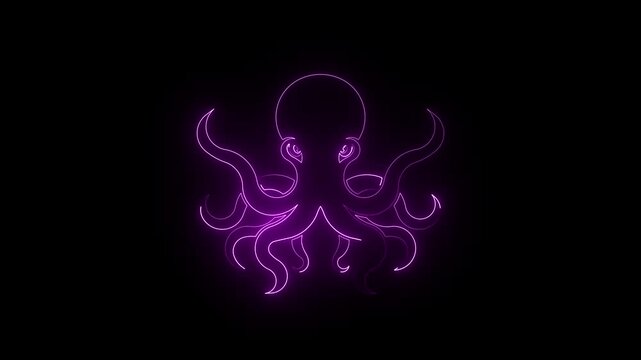 Glowing purple neon octopus silhouette on black background