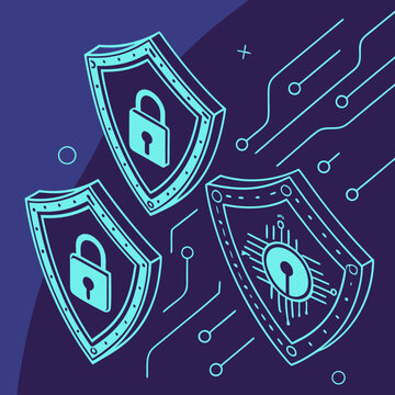 Three interlocking shields with padlocks and digital circuits illustration security protection technology internet encryption firewall computer smartphone recovery antivirus software