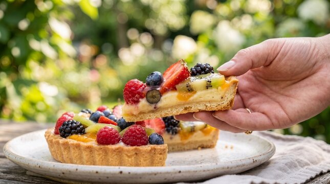 Hand lifting fresh berry fruit tart slice from plate. Close-up dessert serving with vibrant strawberries, blueberries, and pastry.