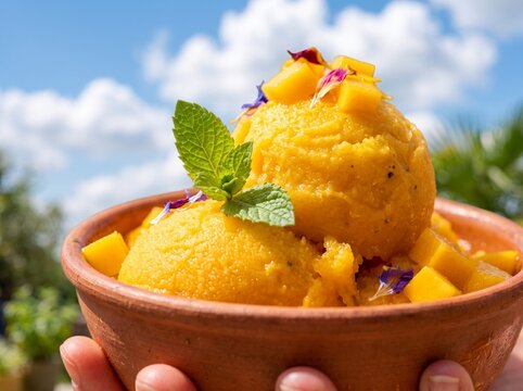 Hand holding vibrant mango sorbet in terracotta bowl. Tropical summer dessert with fresh mint garnish and golden fruit scoop.