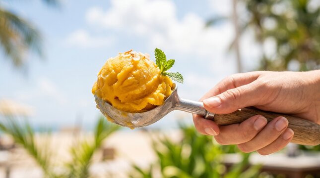 Hand holding fresh yellow rose against beach background. Close-up of vibrant summer bloom with dew drops in natural sunlight.