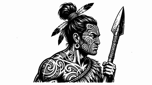Traditional tribal warrior with tattoos holding spear.
