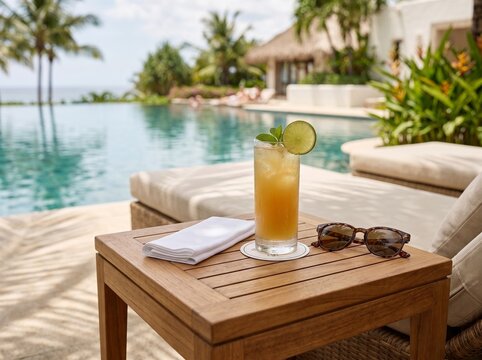 Tropical cocktail on poolside table with sunglasses and towel. Refreshing summer drink by luxury resort swimming pool at sunset.