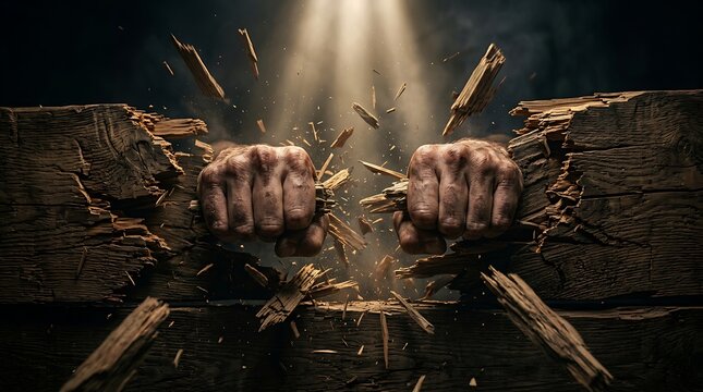 Two powerful fists punching through a thick wooden beam, causing splinters and debris to fly, illuminated by dramatic light from above, symbolizing strength and overcoming obstacles.