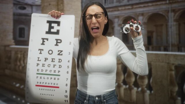 Young hispanic woman holding eye chart and trial frame, squinting with closed eyes and grimace in studio; frustration vision check.