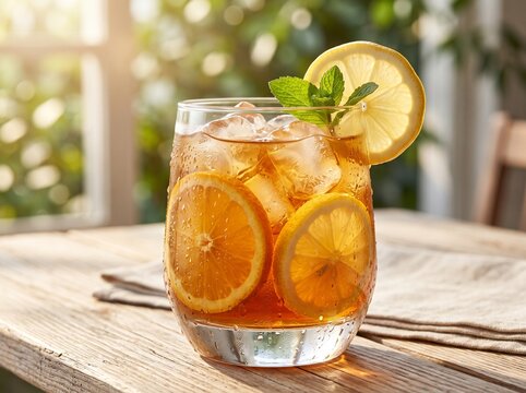Refreshing iced tea with lemon slices in tall glass. Cold citrus beverage garnished with mint for summer hydration.